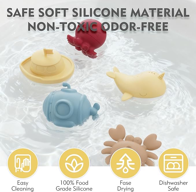MarcZero Ocean Silicone Bath Toys 8Pcs for Toddlers Kids Babies,Bathtub Water Toys,Soft Squeezable Easy-Grip Pool Toys Set (Yellow)