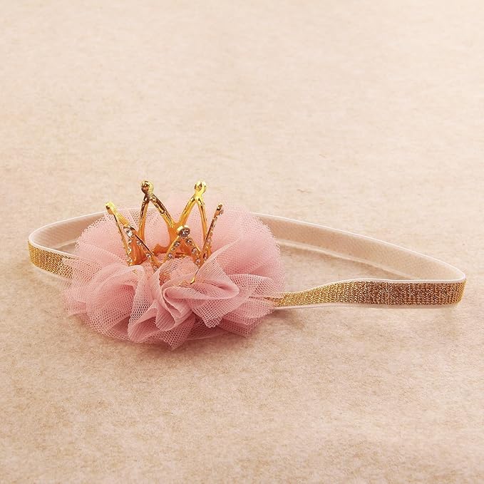 Nishine 1.3"x1.3" Mini Baby Girl Tulle Crown Headband Toddler Princess Crown Tiaras Birthday Photography (Gold, Elastic)