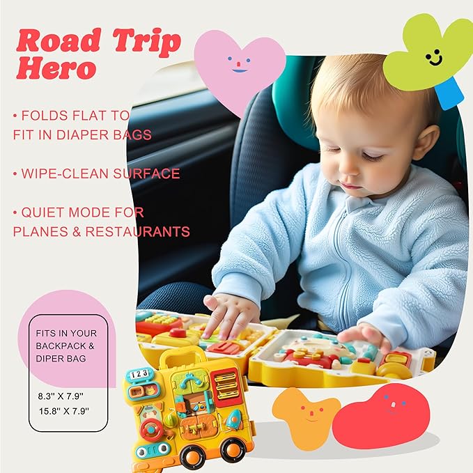Busy Board for Toddlers 1-3, Montessori Travel Activity Toys with Music, Portable Toddler Activity Board to Develop Fine Motor Skills, Educational Toys for 1 Year Old Boys Girls