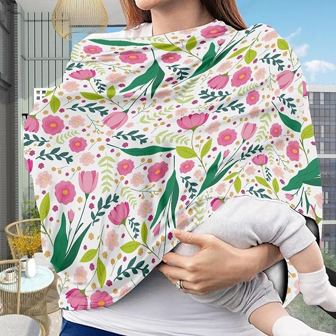 AFPANQZ Pink Tulips Baby Car Seat Covers Winter Cozy for Girls Boys Multifunctional Infant Car Seat Canopy Nursing Cover High Chair Cover Full Coverage Breathable Stretchy Lightweight Travel Outdoors