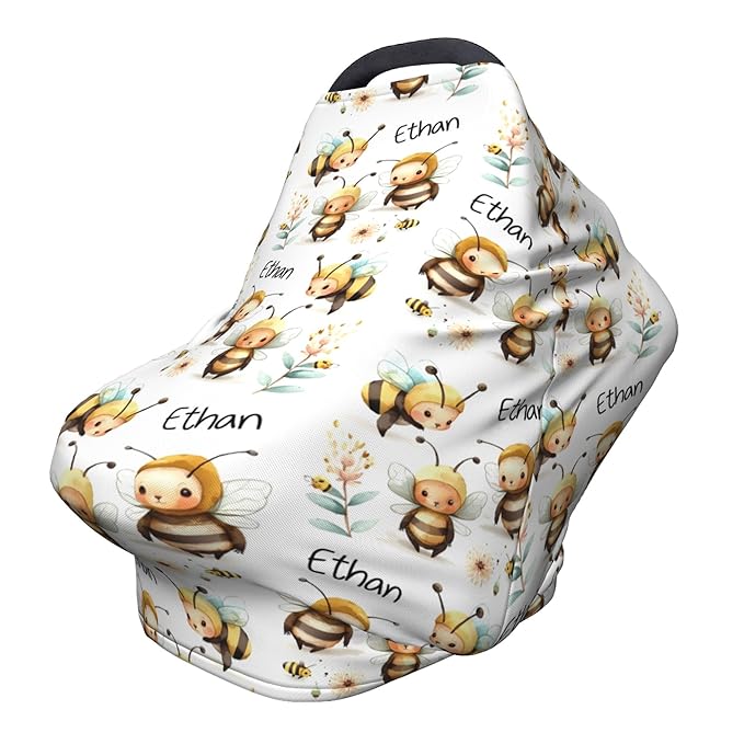 Personalized Bee Baby Car Seat Cover with Name,Multi-Use Canopy for Nursing, Strollers,Shopping Carts,Customized Breastfeeding Cover, Full Privacy,Infant Stroller Cover