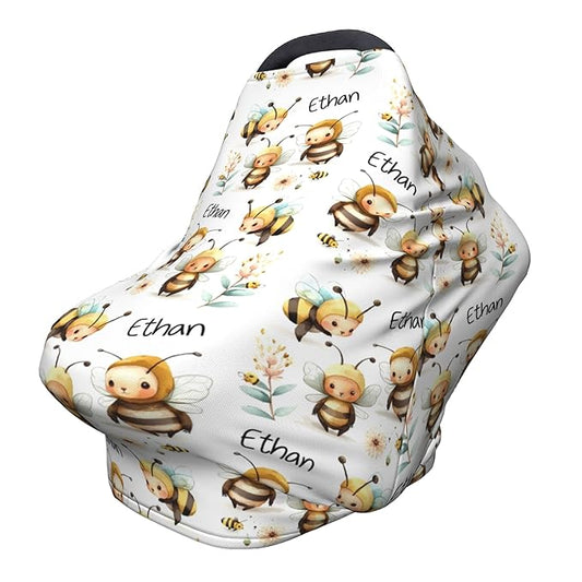 Personalized Bee Baby Car Seat Cover with Name,Multi-Use Canopy for Nursing, Strollers,Shopping Carts,Customized Breastfeeding Cover, Full Privacy,Infant Stroller Cover