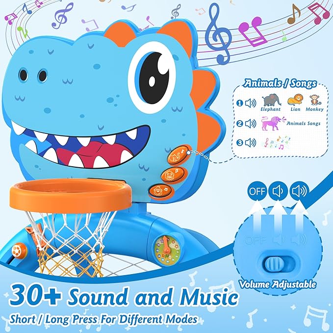 Dinosaur Toys for 1 Year Old Boy and Girl, Twinkoo Basketball Hoop & Soccer Goal Montessori Toys with Sound and Music for Baby 12-18 Months,Gift for 1 Year Old Boy Girl(Blue)