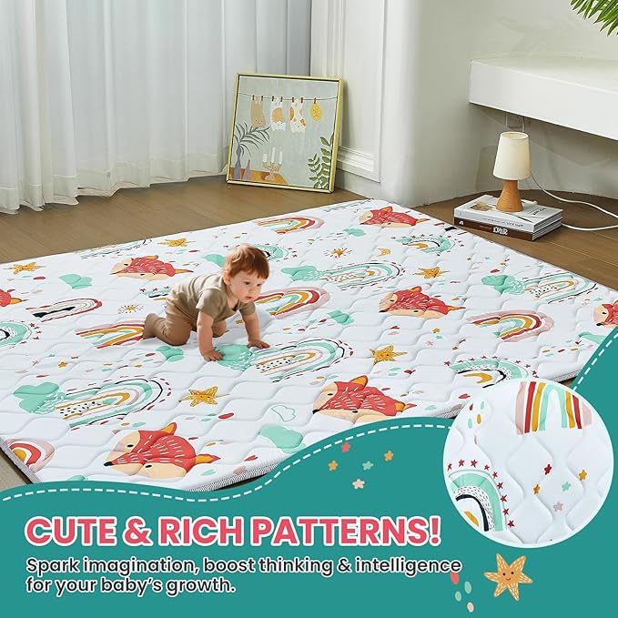 Baby Play Mat for Floor,71x59 Inch Soft Foam Padding Crawling Mat for Playpen, Foldable and Machine Washable, Thick for Babies & Toddlers,Rainbow Fox
