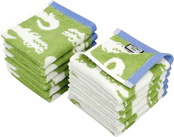 ORIGINAL KIDS Wash Cloth - Bath Time in A While Crocodile Set of 12 Washcloths - 100% Cotton Jacquard Super Soft Colorful Absorbent Quick Dry Easy Care Face Towel Face Cloth Gift - 12x12 - Green Blue