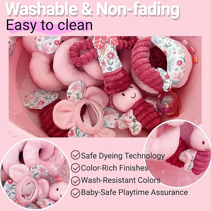 Baby Spiral Car Seat Toys for Babies 0-6 Months Girl, Stroller Hanging Stuffed Animal Carseat Crinkle Rabbit Toy 0-3-4-5-7-8-9-12 Month, Newborn Infant Gifts Easter Basket Stuffers Bunny 3PCS