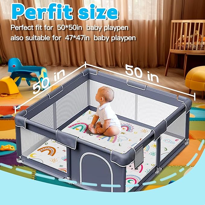 Baby Play Mat，Thick Soft 50" X 50" Playpen mat, Non-Slip and Machine Washable Baby Play Mats for Floor ，Crawling Mat for Babies, Toddlers & Infants to Play and Learn (Rainbow)
