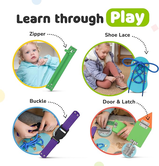 deMoca Sensory Busy Board for Toddlers, Premium Wooden Toddler Busy Board for 1 2 3 Year Old with 10 Educational Activities for Fine Motor Skills, Fidget Activity Toy for Travel
