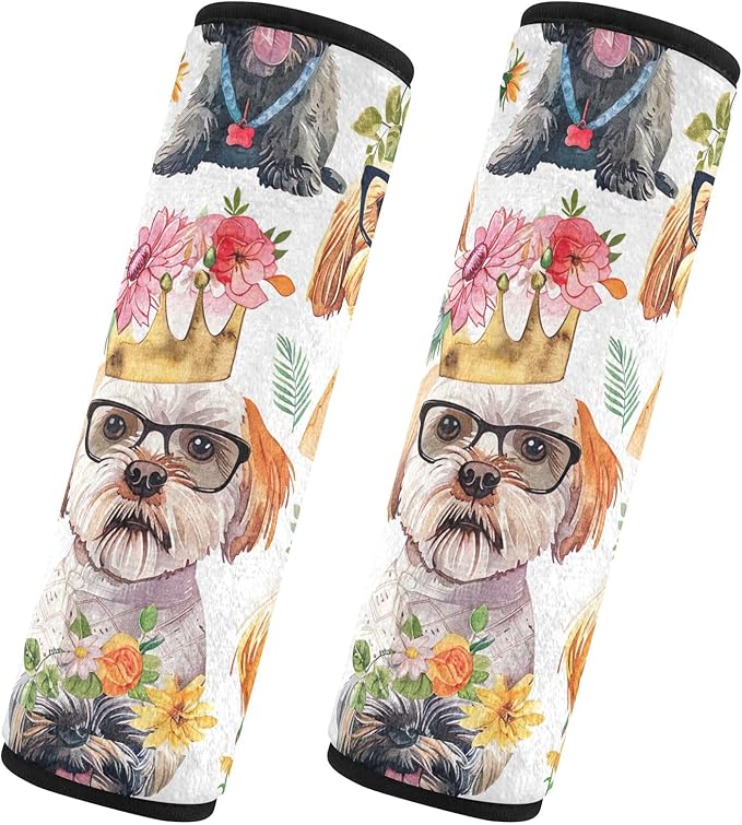 Watercolor Cute Funny Dogs Car Seat Belt Covers 2 Pack Soft Seat Belt Strap Cover Car Seat Straps Shoulder Pads for Car Bag