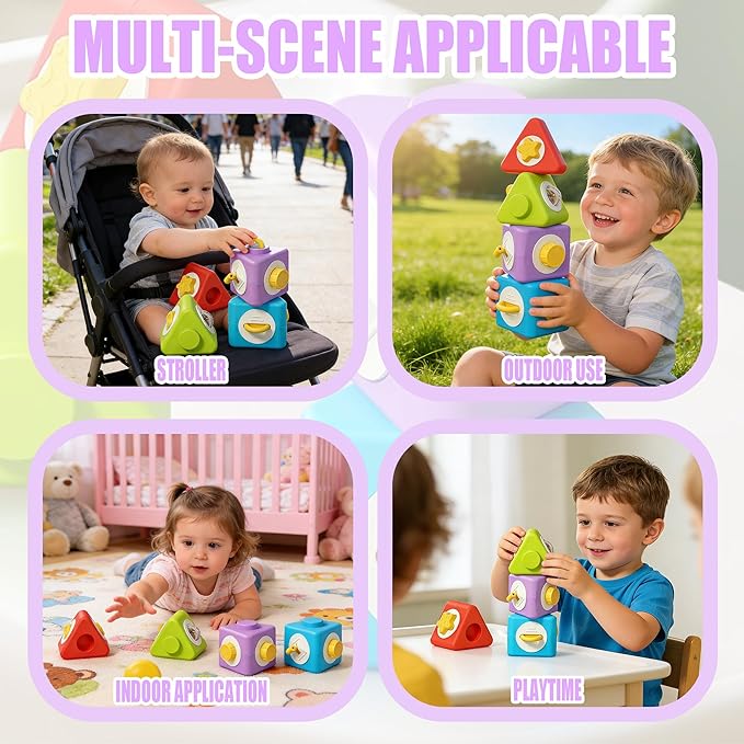Activity Cubes & Stacking Toy Blocks Set of 4,12-in-1 Montessori Toys for 1-2 Years Old,Educational Activities Sensory Travel Toys for Airplane & Car, Perfect Birthday for Toddlers