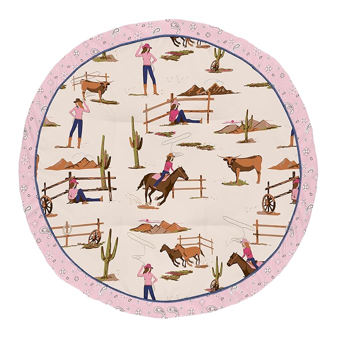 Sweet Jojo Designs Western Cowgirl Girl Baby Play Mat Tummy Time Activity Infant Playmat Playpen Tent Teepee Floor Wild West Bandana Paisley Vintage Country Animal Horse Retro Southwest Brown Pink Tan