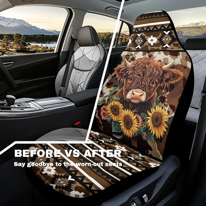 Aztec Highland Cow Car Front Seat Covers Waterproof Universal Front Seat Cover Removable Automotive Accessories Easy Installation Suitable for Cars, SUV and Trucks
