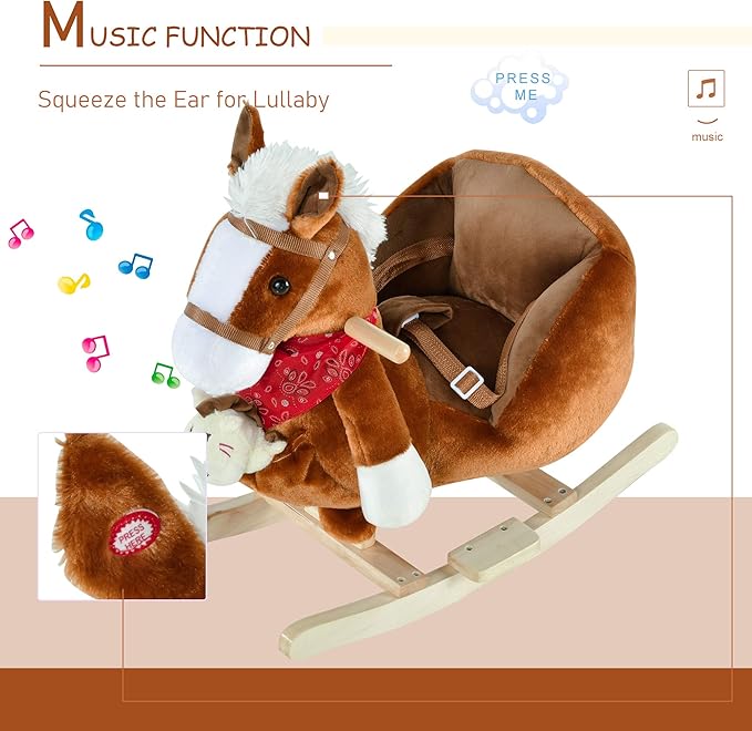 Qaba Kids Ride-On Rocking Horse Toy, Rocker with Lullaby Song, Hand Puppets & Soft Plush Fabric for Children 18-36 Months, Brown