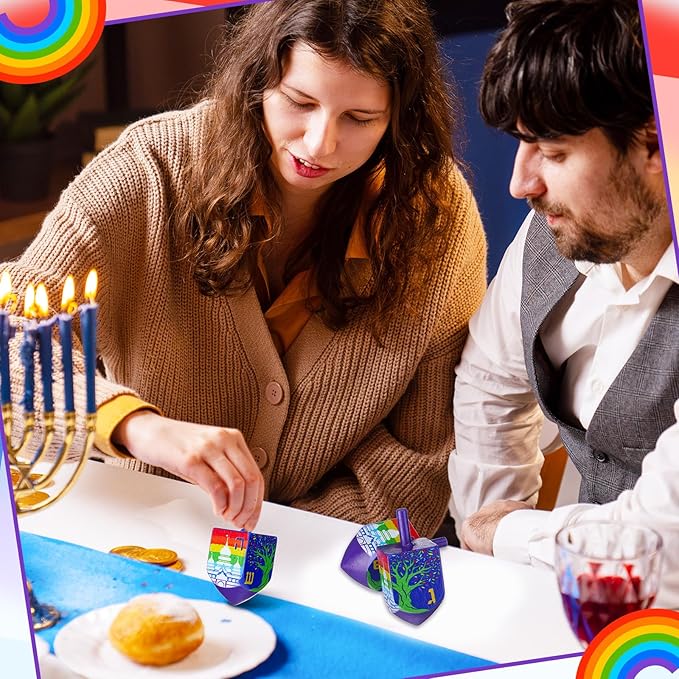 Wonderjune 2 Pcs Hanukkah Dreidels Extra Large Wooden Dreidel for Hanukkah Decoration with English Transliteration, Forever Spinning Tops Party Favors(Temples)