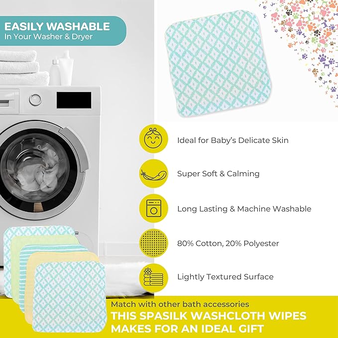 Spasilk Washcloth Wipes Set for Newborn Boys and Girls, Soft Terry Washcloth Set, Pack of 10, Green Diamonds
