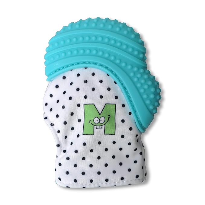Malarkey Kids Patented Teething Mitten, Munch Mitt Baby Chew Toy - Protects Hands from Chewing & Saliva, Heals Aching Gums, Promotes Sound & Visual Stimulation for Babies - Aqua Polka Dot