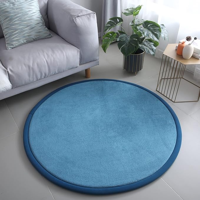 Loartee Thick Kids Round Rug - Coral Velvet Area Rugs, Memory Foam Circular Carpet for Nursery Playroom Home Decor Dormitory, Diameter 39 inch, Blue