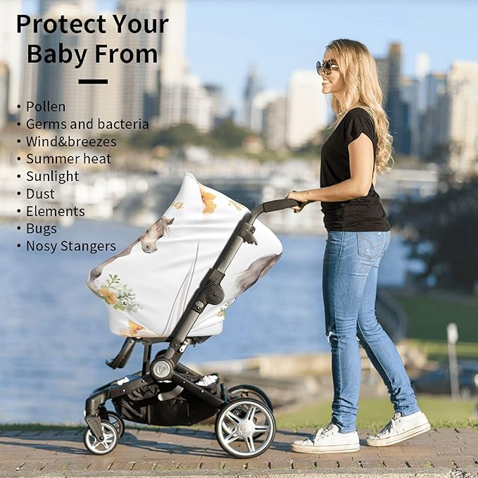 Personalized Car Seat Covers with Name, Horse Baby Canopy Carrier Cover, Breathable Breastfeeding Nursing Cover, Stretchy Multi-Use Infant Carseat Stroller Cover