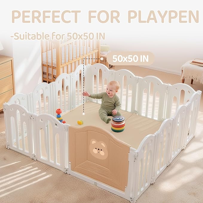 Bella's Friends Foldable Baby Play Mat for Floor, 50"x50" Vegan Leather Playpen Mat, 1.2" Extra Thick Foam, Non-Toxic, Wipe-Clean, Travel-Ready, Non-Slip Crawling Mat for Kids Toddlers&Infants, Beige