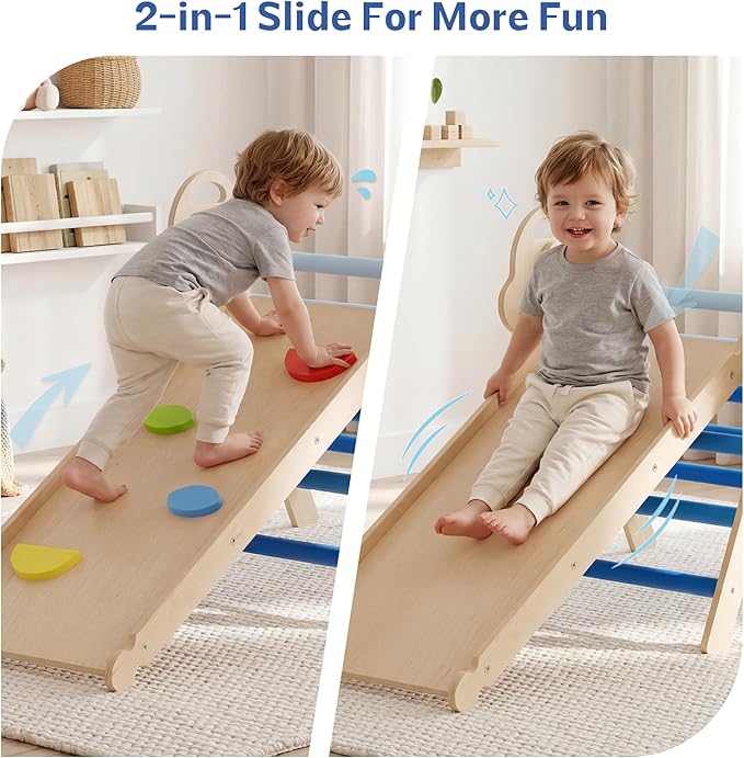 bbgroundgrm 8-in-1 Wooden Climbing Set for Toddlers with Cushion, Foldable Montessori Indoor Climber with Arch, Ramp and Triangle Ladder, Natural Wood Play Gym for Kids 1-3