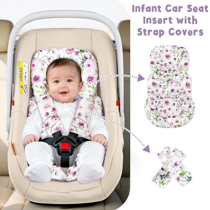 Infant Car Seat Insert Head and Body Support, GFU Reversible Newborn Insert for Carseat With Strap Pads, Soft Stroller Cushion Pillow Insert for Boys and Girls, Fits for Stroller, Swing, Purple Flower
