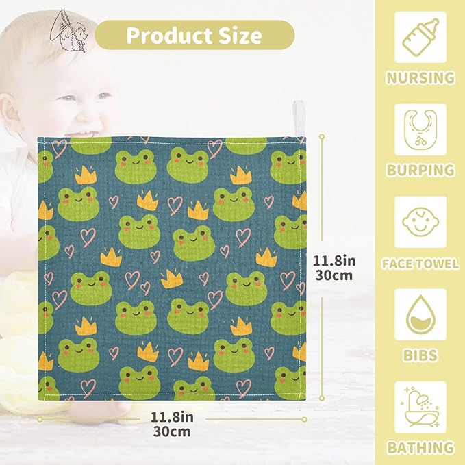 Newborn Face Towel Cute Frog Soft Cotton Baby Washcloths 11.8 x 11.8 Inch Infants Girls Boys Muslin Burp Cloths 5 Pack