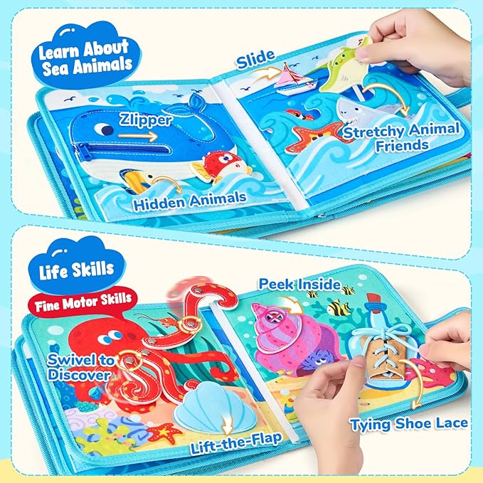 JoyCat Ocean Busy Book for Toddlers 1-3 - Travel Toy Activity Book for 1 2 3 Year Old Boys Girls, Educational Travel Toy with Sea Animals & Life Skills, Easter Basket Stuffers Kid, Autism Sensory Toys