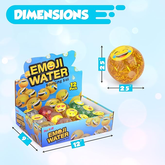 Emoji Water Filled Bouncy Balls - Rubber Balls for Kids Glitter Filled - 12 Pack Large High Bouncing Ball, Bounce Balls, Party Favors Balls