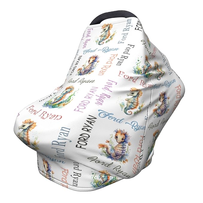 Personalized Baby Car Seat Cover with Name Stroller Canopy Custom Seahorse Carseat Cover Newborn Baby Boy Girl Nursing Cover for Moms First Birthday Gift