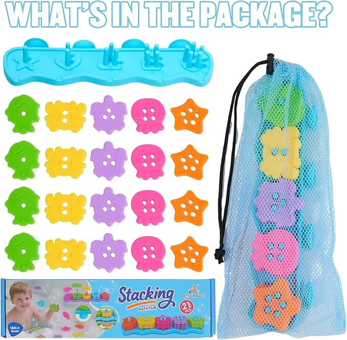 Bath Toys for Kids Ages 1-3 Mold Free Bath Toys for 1+ Year Old Educational Color and Shape Sorting & Stacking Toys with 20 Floating Pieces and Mesh Bag, Early Learning Toddler & Baby Tub Toys