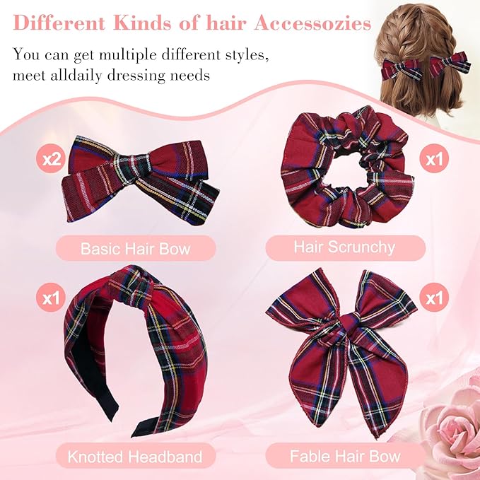 5 Pcs Plaid Headband With Hair Knotted Scrunchies Bow, Padded Holiday Headband, Hair Clips Accessories for Women and Girls (Dark Red)