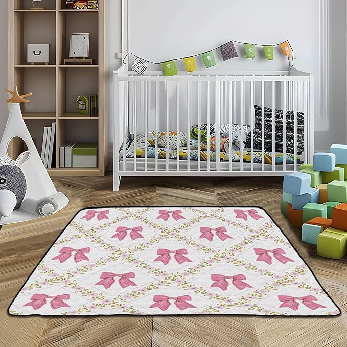 Baby Play Mat Bows Small Flowers Checkered Pink 50 x 50 Playpen Mat Baby Play Mats for Floor Play Gym Crawling Mat Non-Slip Cushioned Baby Playmat for Infants, Babies, Toddlers