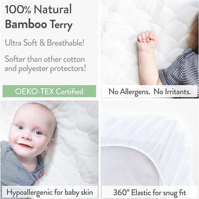 Joey + Joan Waterproof Bassinet Mattress Pad Cover Compatible with Chicco Lullago Anywhere Bassinet – 2 Pack Quilted Mattress Protector Made from Ultra Soft Bamboo Viscose Terry – 14" x 30"