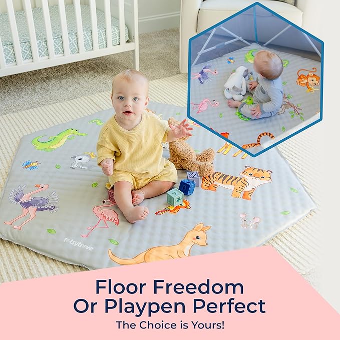 Self Inflating Hexagon Playpen Mat - 52" x 45" Non-Slip Cushioned Portable Play Area - Thick Soft Baby Play Mats for Floor - Easy Care Playmat for Infants and Toddlers - Baby Crawling Mat - Safari