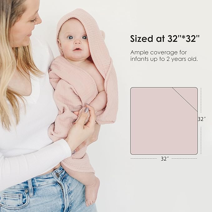 MairMore Hooded Baby Bath Towels, 100% Muslin Cotton Baby Girl Towels with Hood for Neutral Newborn Infants, Soft & Absorbent, Large Size - 32 * 32 Inches (Ivory & Pink)