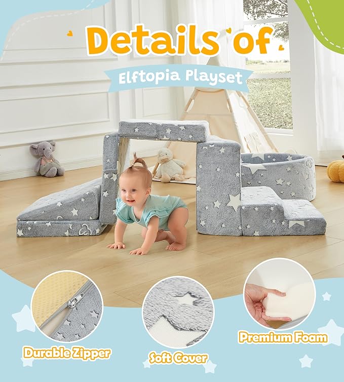Elftopia Foam Climbing Blocks with Ball Pit & Stairs for Toddlers Aged 1-3 -Soft Playset for Indoor Crawling, Foam Playground Set for Baby to Active Playing Inside -(Balls NOT Included),Stars