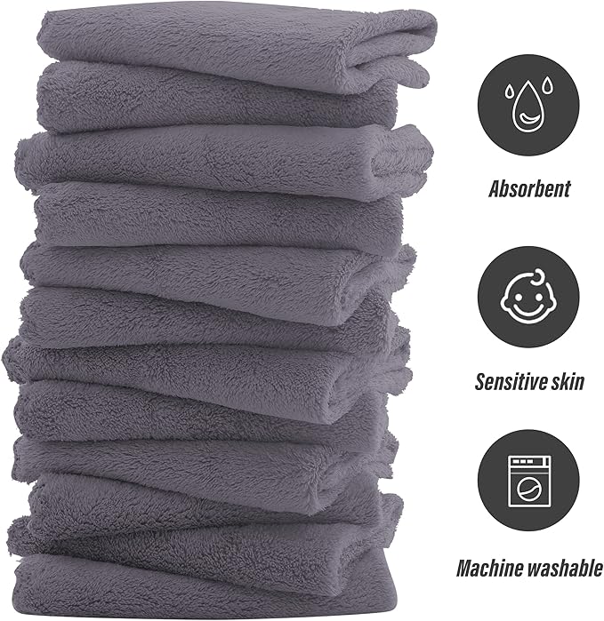 Sunny zzzZZ Ultra Soft 24 Pack Baby Washcloths - 10x10 Inches - Coral Fleece Extra Absorbent Wash Clothes for Babies, Infants and Toddlers - Sensitive Skin and Newborn - Ideal Baby - Dark Grey