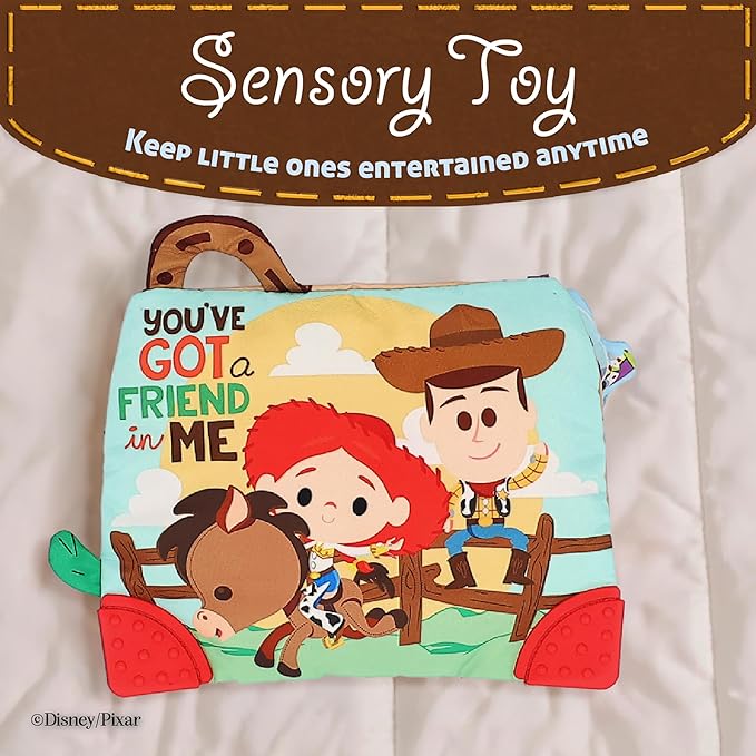Disney Toy Story Andy’s Toy Box On-The-Go Clip by Kids Preferred – Soft Sensory Teether with Crinkle Sounds & Rattle