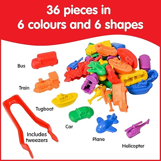 edxeducation Transport Counters | Mini Jar | Set of 36 | Learn Counting, Colors, Sorting and Sequencing | Early Math Manipulative for Kids