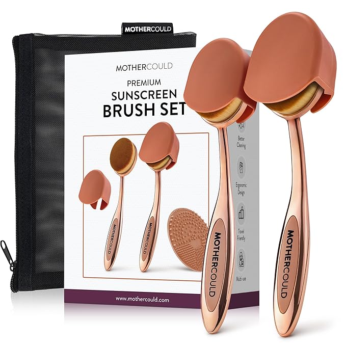 Mothercould Premium Sunscreen Brush Set Kids & Baby Sunblock Applicator with Metal Handles, Travel Bag, 2 Brushes, 2 Caps, & Cleaning Mat Mess-Free Sun Care (2 Pack) (Rose Gold)