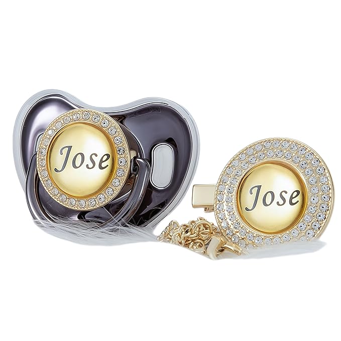 Custom Name Bling Pacifier & Clip Set – Personalized Binky for Baby Shower, Newborn Keepsake for Photos (Metallic Black)