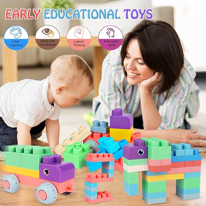 80PCS Baby Building Blocks Set with Storage Bucket, Blocks for Babies 6 Months and Up STEM Educational Toddler Gifts, Rubber Soft Blocks Big Building Blocks Sensory Stacking Toys