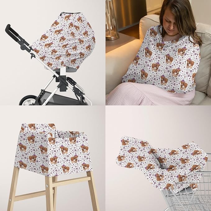 5-in-1 Unisex Western Cow Pattern Baby Carseat Stroller Cover for Boys Girls, Farm Highland Cow Flowers Floral Infant Toddler Privacy Nursing Breastfeeding Canopy, Grocery Shopping Cart Cover-24x28