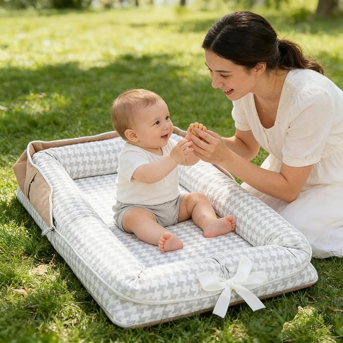 Baby Lounger for Newborn Portable Bag,Baby Nest Play Gym mat with Strap,Newborn Lounger Adjustable Size & Inner Zipper Lengthen Space to 24 Months(Gray Thousand Bird Check)