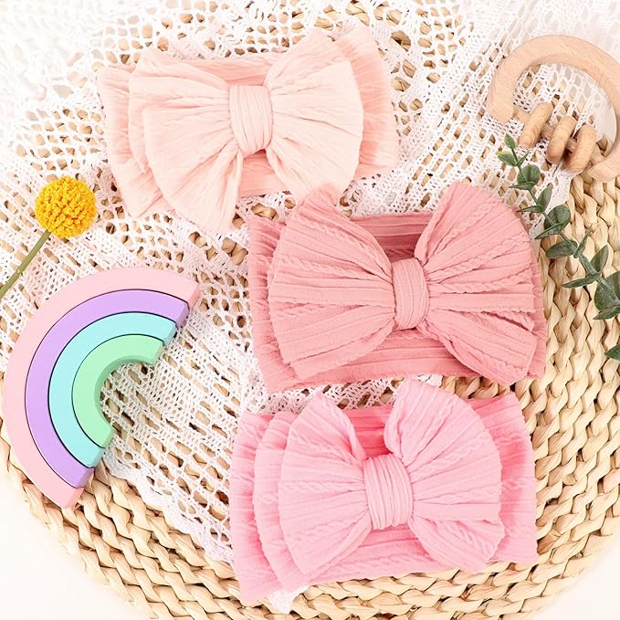 DRESHOW BQUBO Handmade Baby Headbands Soft & Stretchy Hair Bands with Bows Nylon Bows Hairbands for Girls Newborn Infant Toddlers Hair Accessories 3 pack