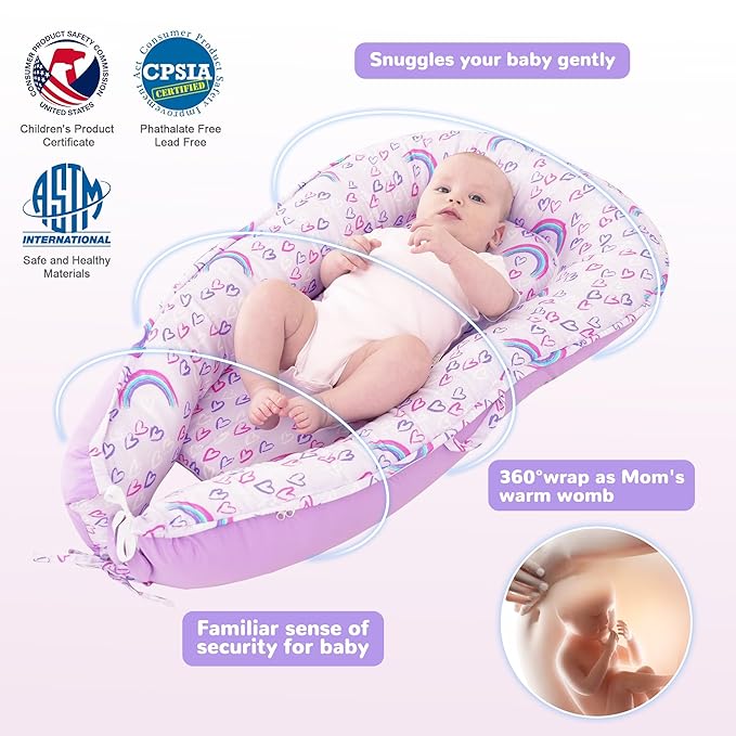 Viviland Baby Lounger Cover for Newborn Infant Babies 0-24 Months, Soft Breathable Cotton Fabric, Detachable Washable, Portable with Handles, Rainbow