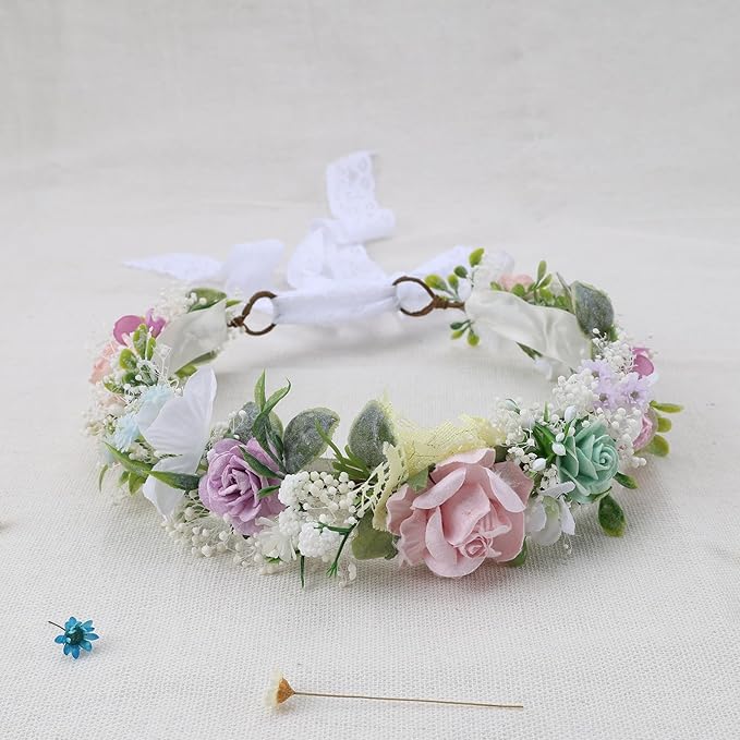 Toddler Flower Crown for Girls 1st Birthday Party Headpieces Pink Purple Baby Headband Hair Wreath with Baby's Breath Photo Prop (Spring Color)