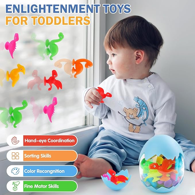 Baby Suction Cups, 16PCS Silicone Dinosaur Sucker Toys with Eggshell Storage, Sensory Bath Toys for Kids Ages 4-8, Counting Learning Color Tool, Window Toy, Easter Egg Gifts for Boys Girls Ages 3+