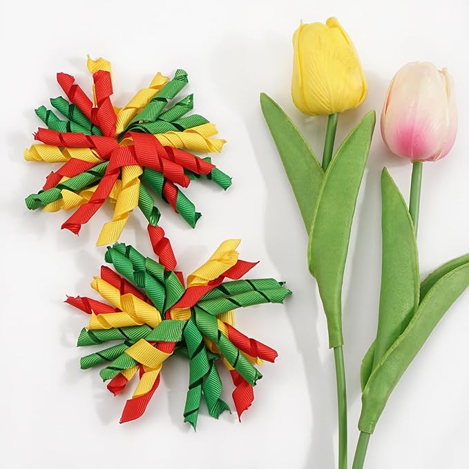 Yxiang 2PCS Korker Bows for Girls 3'' Curly Bow Hair Clip Ribbon Ponytail Bows Alligator Clip Hair Barrette for Girls Toddlers Kids (Red Green Yellow)