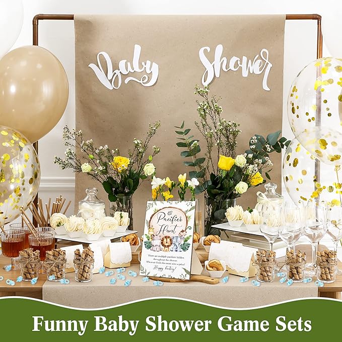Roowest 51 Pcs Pacifier Hunt BabyShower Games Include Wooden Hunt Sign and 50 Acrylic Mini Plastic Pacifiers for BabyShower Game Decoration Gift Sets Gender Reveal Party